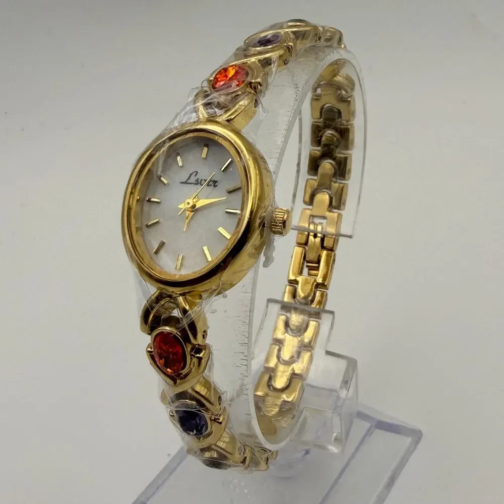 Elegant Gold-Tone Women's Bracelet Watch - Oval Dial & Gemstones New Battery